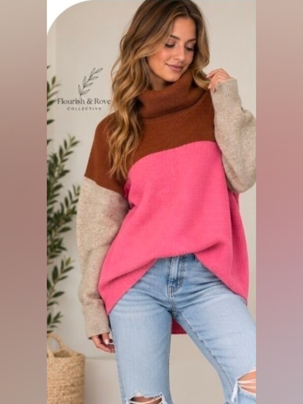 Free People Oversized Colorblock Turtleneck Sweater Pink Brown Size Small
